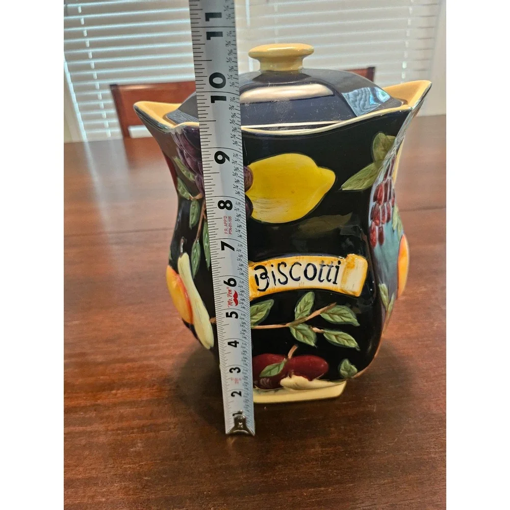 Nonnis Biscotti Cookie Jar Kitchenware Large Black Fruit Patterned Ceramic